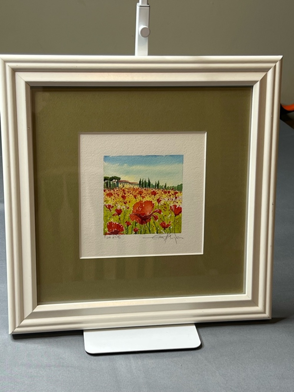 Original Signed Poppy Field Watercolor | Tuscan Landscape | Framed 12x12 - Picture 2 of 8